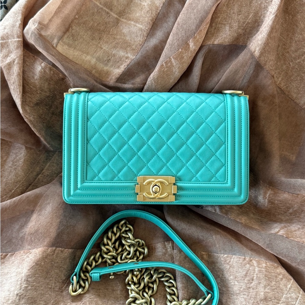 SOLD - CHANEL Green Blue Lambskin LeBoy Flap Bag Old Medium GHW - Picture 3 of 13